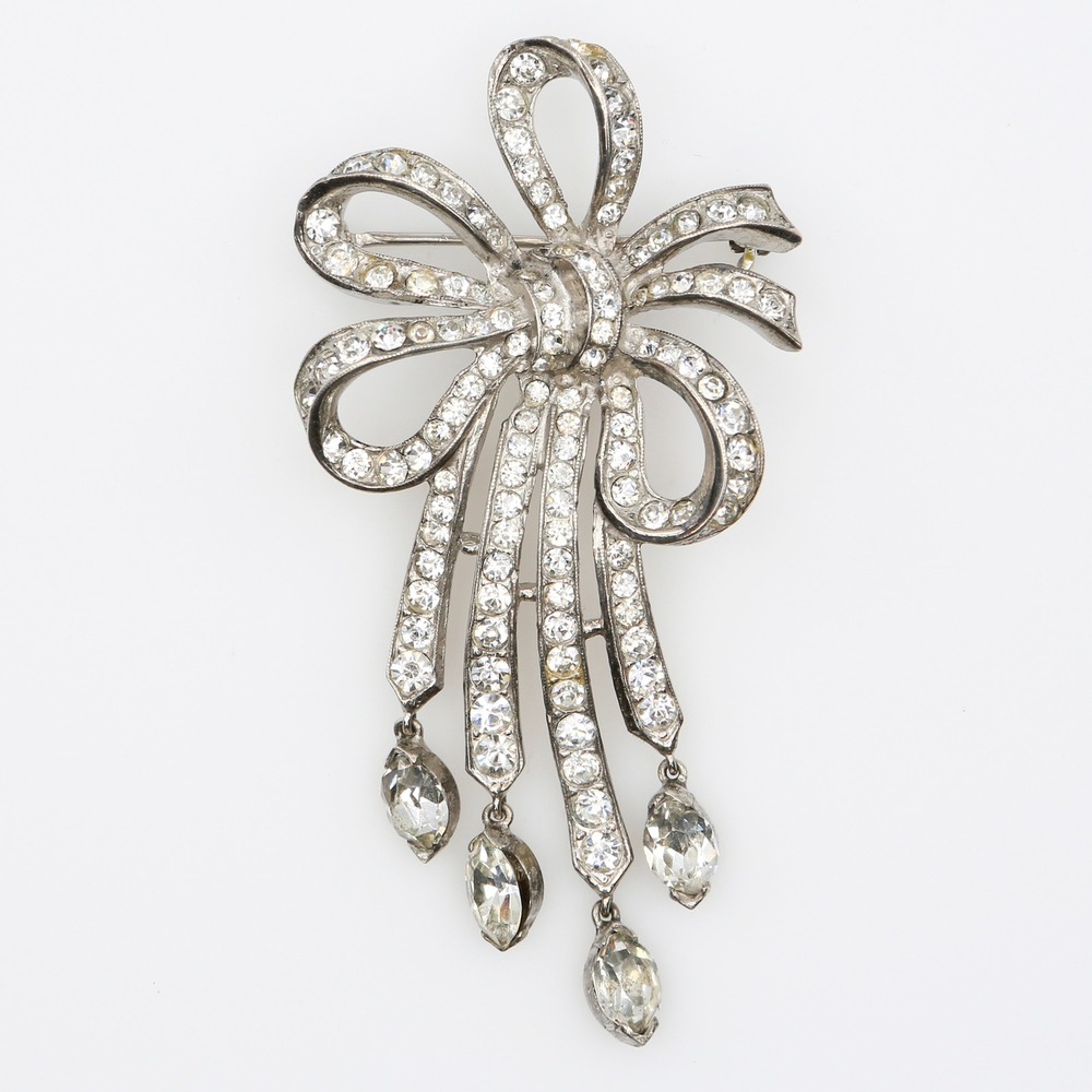 Vintage WWII Crown Trifari Sterling Rhinestone Pavé Bow Dangle Brooch 1940s